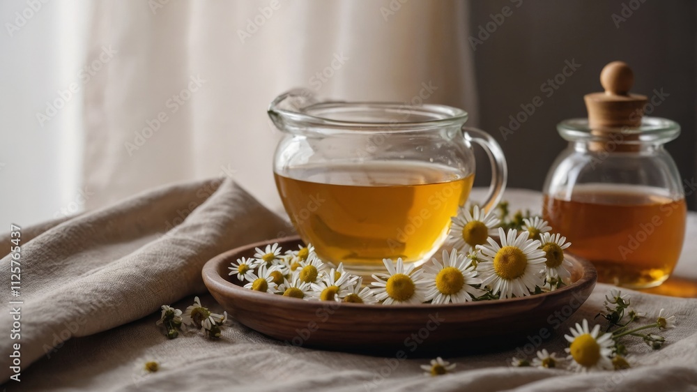 Chamomile syrup with flowers on linen towel Chamomile syrup with flowers on linen towel