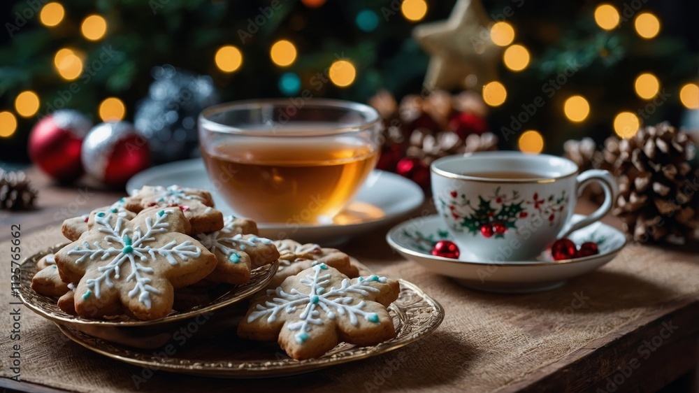 Christmas cookies and tea with festive decorations Christmas cookies and tea with festive decorations