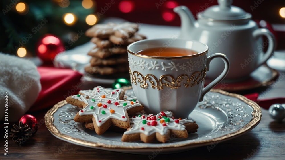 Christmas cookies and tea with festive table decor Christmas cookies and tea with festive table decor