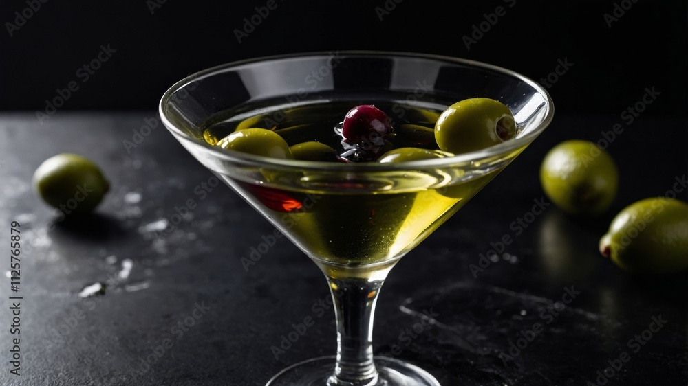 Classic vodka martini with olives and bold lighting Classic vodka martini with olives and bold lighting