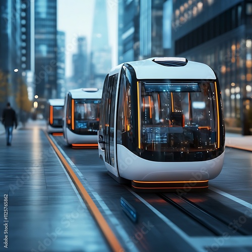 Autonomous electric vehicles on city street.