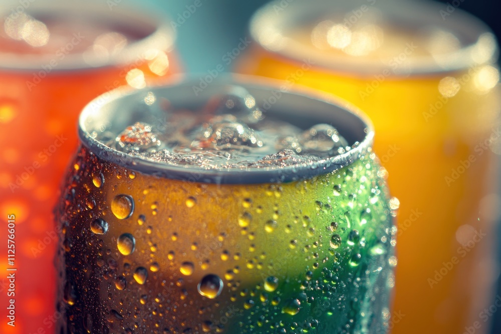 Close-Up of Fizzy Soda Cans with Condensation Drops Close-Up of Fizzy Soda Cans with Condensation Drops