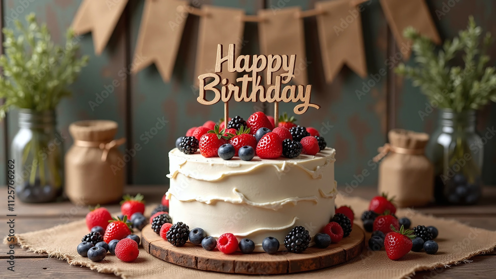 A beautifully decorated birthday cake topped with fresh berries and a wooden A beautifully decorated birthday cake topped with fresh berries and a wooden