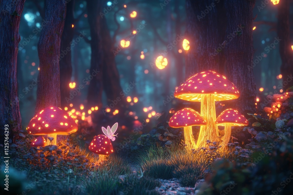 Glowing mushrooms, fairy, enchanted forest. Glowing mushrooms, fairy, enchanted forest.