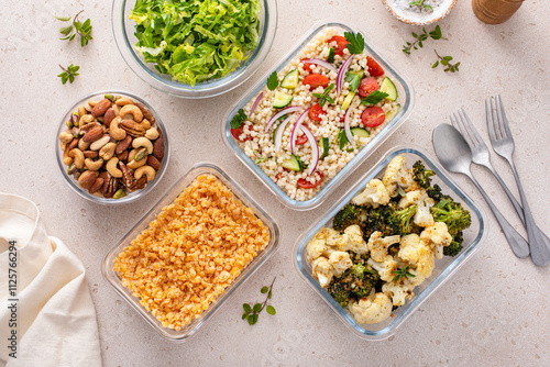 Vegan meal prep with lentils, roasted vegetables, nuts and salad