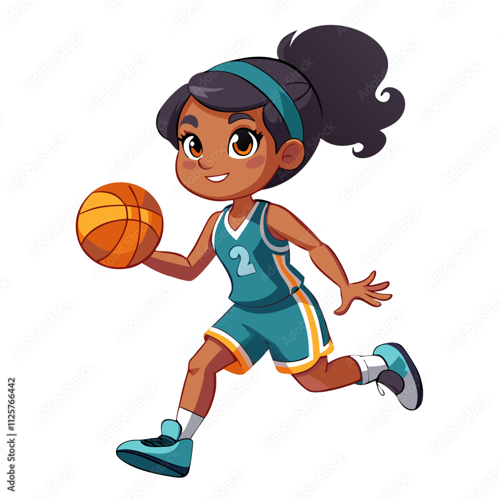 Girl in basketball uniform dribbling a ball with a smile on a bright white background Girl in basketball uniform dribbling a ball with a smile on a bright white background