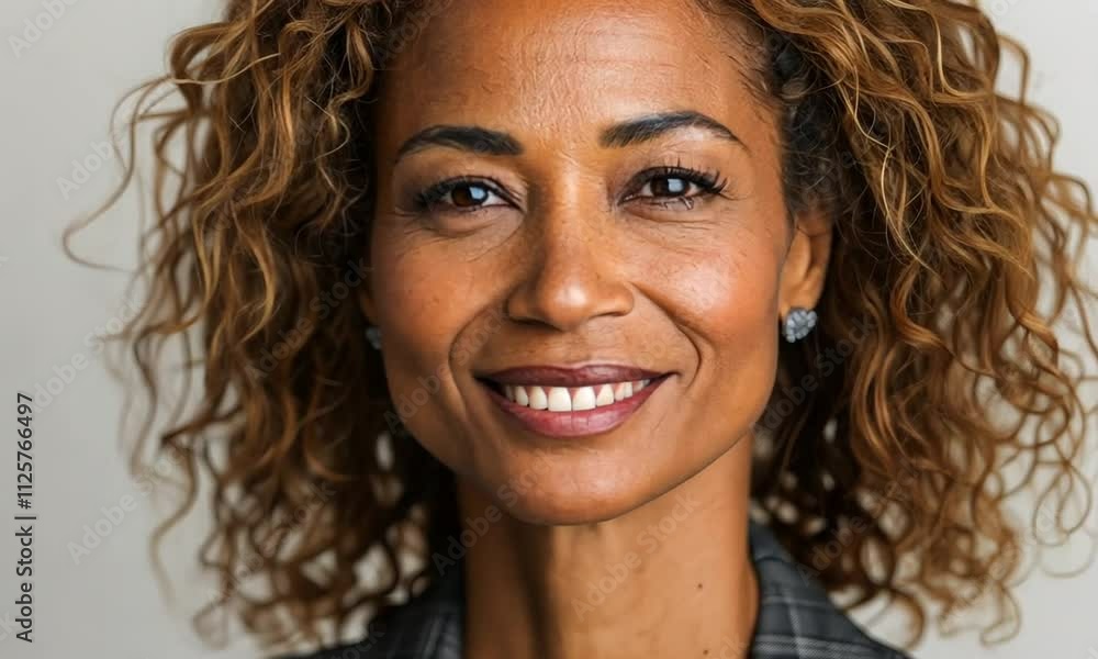 Portrait of a confident middle-aged woman with curly hair, wearing a gray blazer. Portrait of a confident middle-aged woman with curly hair, wearing a gray blazer.