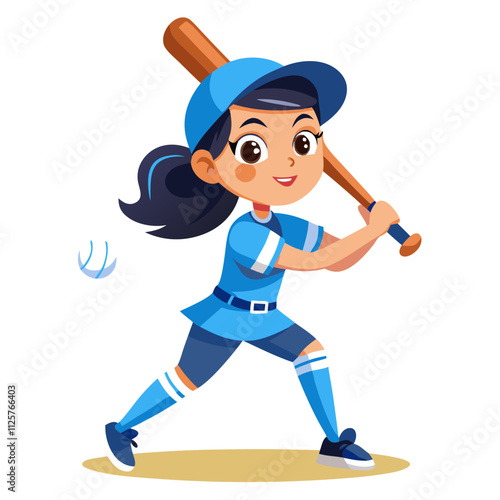 Girl swings a baseball bat with confidence while wearing a blue uniform during a sunny day at the park