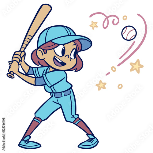 Girl in blue uniform swinging a baseball bat during a sunny day at the field