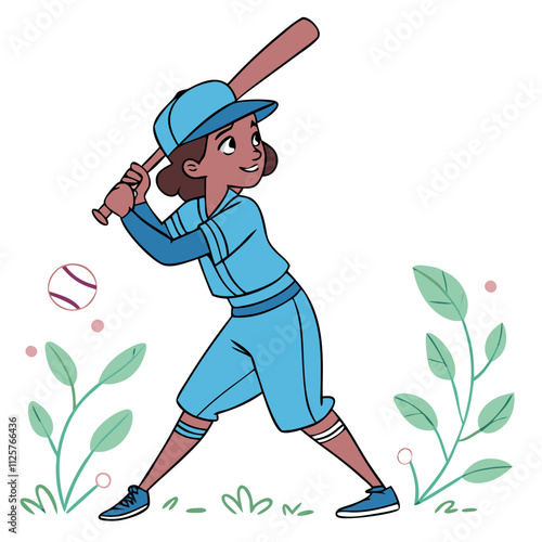 Girl practices baseball swing with bat in hand while wearing a blue uniform in a sunny field