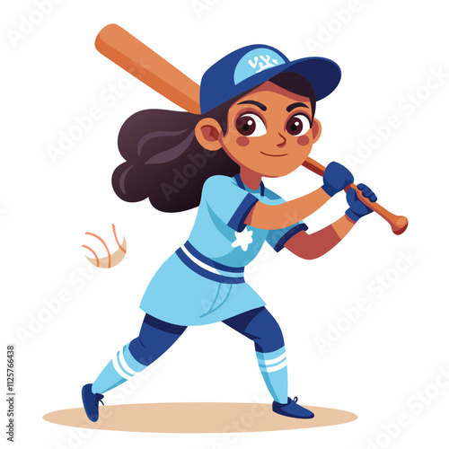 Girl playing baseball with a bat in hand wearing a blue uniform on a sunny day at the park