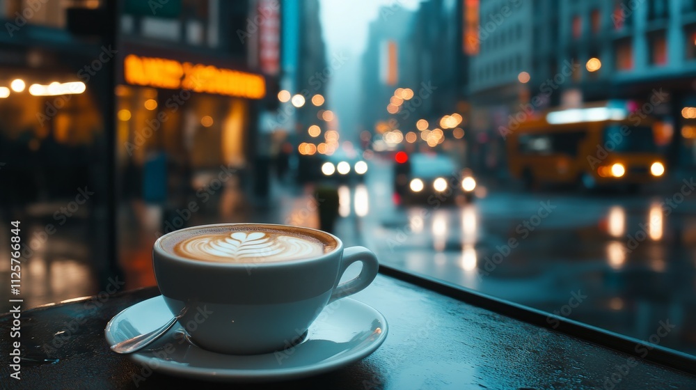 Cozy Café Scene with Warm Coffee and Blurry City Lights Cozy Café Scene with Warm Coffee and Blurry City Lights