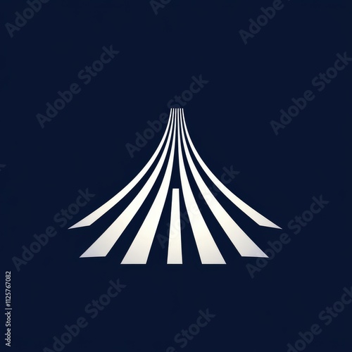 A minimalist graphic featuring a stylized road or runway converging towards a vanishing point.