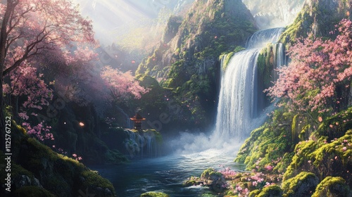 Serene Waterfall in a Blossoming Paradise
