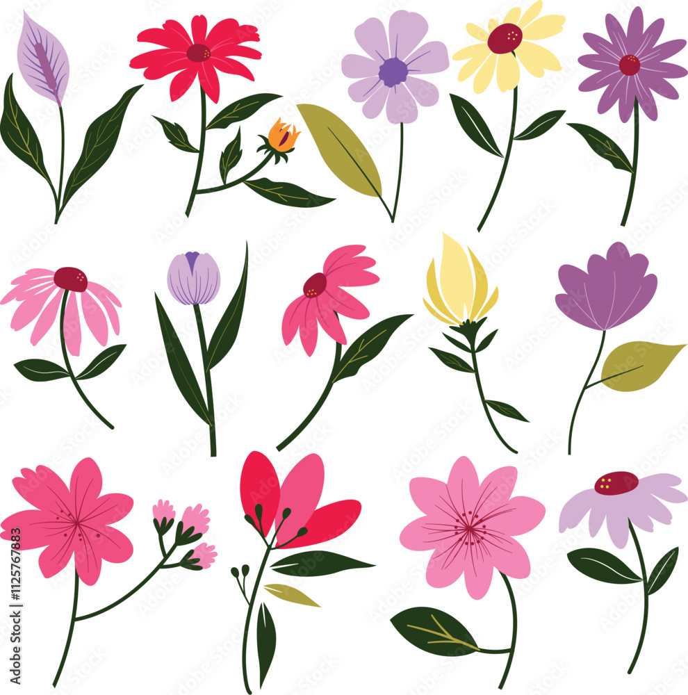 Set of different tipes of illustration of flowers with green leafs on a white background Set of different tipes of illustration of flowers with green leafs on a white background