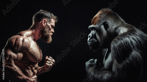 muscular man and gorilla face each other in mirrored pose, showcasing strength and intensity. dramatic lighting highlights their powerful physiques, creating striking contrast