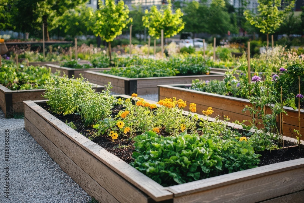 A vibrant community garden with raised beds filled with various plants and flowers. A vibrant community garden with raised beds filled with various plants and flowers.
