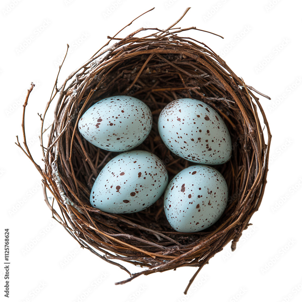 Four Speckled Bird Eggs Nestled in a Rustic Bird Nest Four Speckled Bird Eggs Nestled in a Rustic Bird Nest