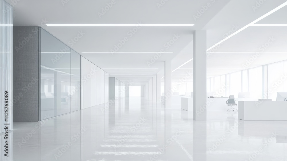 Fototapeta premium Clean office space with white walls and floors.