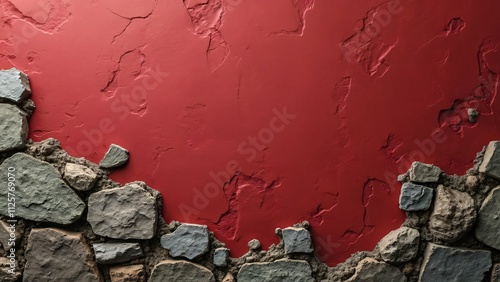 Weathered Stone Wall with Red Plaster Background, Highly Detailed Texture photo