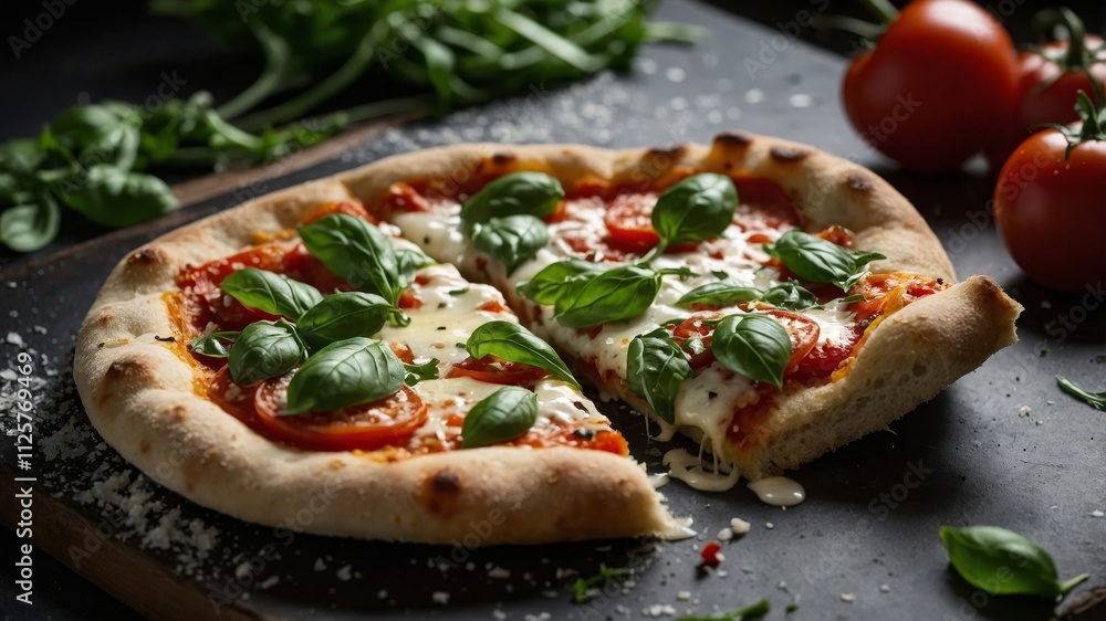 Floating margherita pizza slices with arugula and pepper Floating margherita pizza slices with arugula and pepper