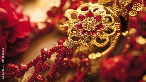 Close-up of ornate gold and red Chinese wedding decoration.