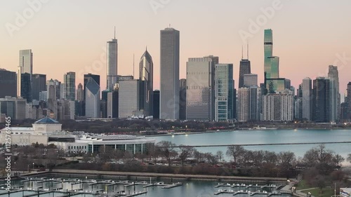 Aerial view of downtown Chicago looking back at the skyline over Lake Michigan