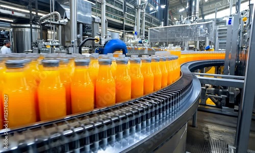 A production line filled with orange juice bottles moving along a conveyor belt in a factory setting, indicating a beverage manufacturing process.