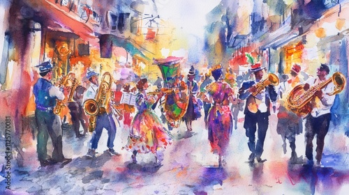 Vibrant watercolor, street scene, brass band, dancers.