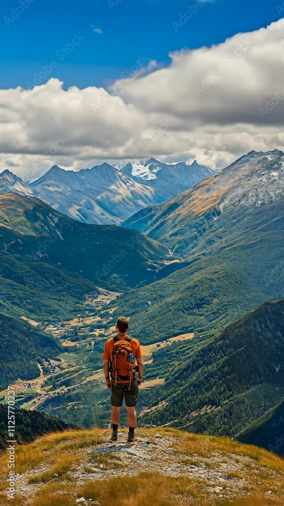 Stunning mountain view with hiker observing breathtaking landscape in alpine region during daytime Stunning mountain view with hiker observing breathtaking landscape in alpine region during daytime