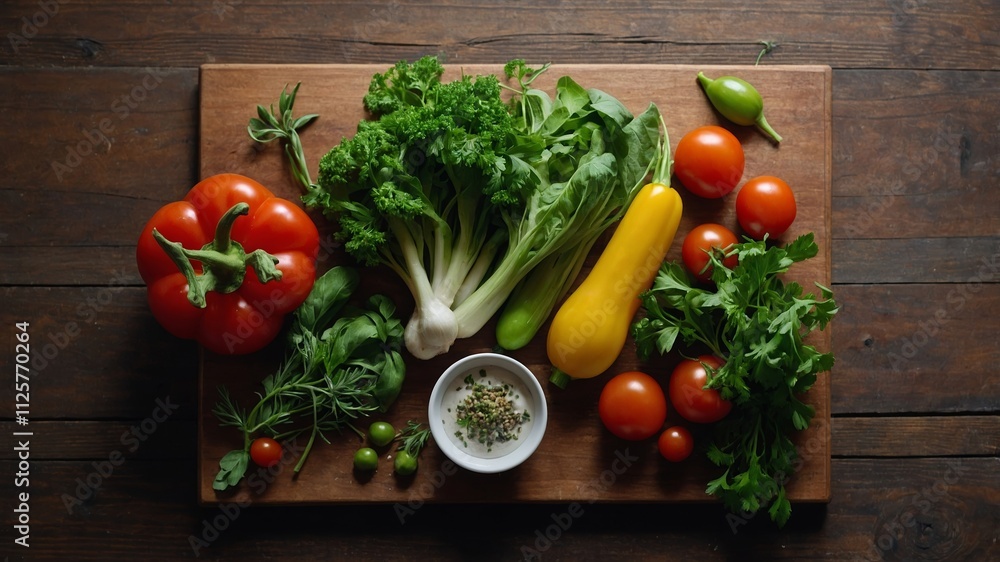 Fresh vegetables and herbs on wooden board Fresh vegetables and herbs on wooden board