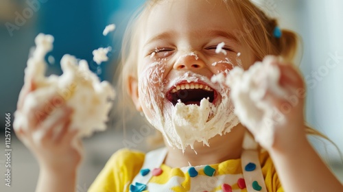 A delighted child laughs joyfully with whipped cream all over her face, enjoying playful moments. photo