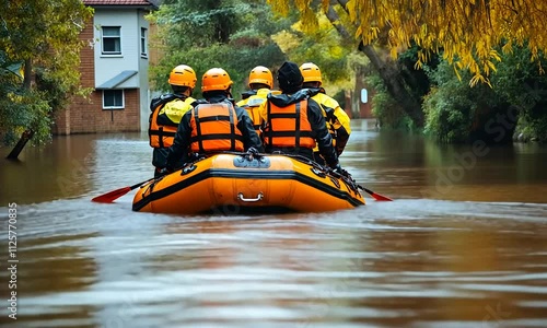 A rescue team in bright orange life jackets navigates a flooded area in a rubber boat, showcasing emergency response efforts during a natural disaster. photo