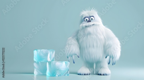 A fluffy yeti with big eyes stands next to two ice cubes on a blue background.