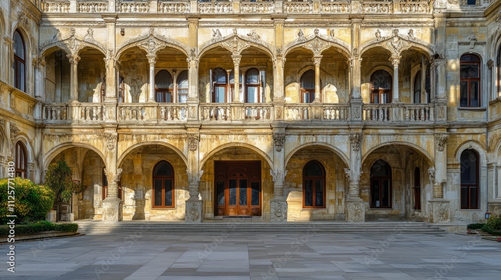Naklejka premium Courthouse building exterior with classical architecture, symbolizing justice and order in society. Timeless design reflecting the importance of legal systems and civic responsibility.