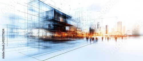 A futuristic architectural concept with abstract building outlines and dynamic lights, depicting innovation and urban development.