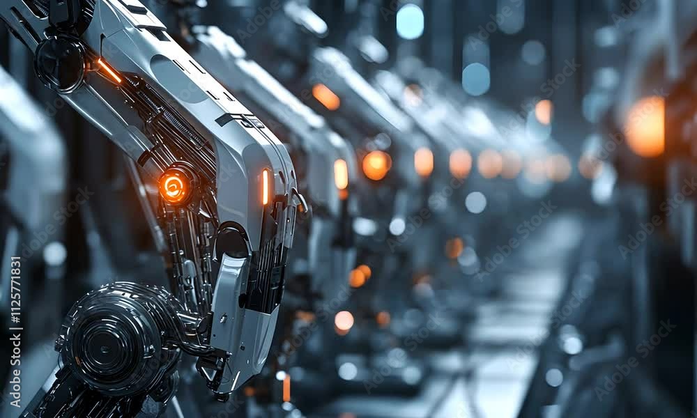 A row of futuristic robots with glowing elements, showcasing advanced technology in a manufacturing or assembly environment. A row of futuristic robots with glowing elements, showcasing advanced technology in a manufacturing or assembly environment.