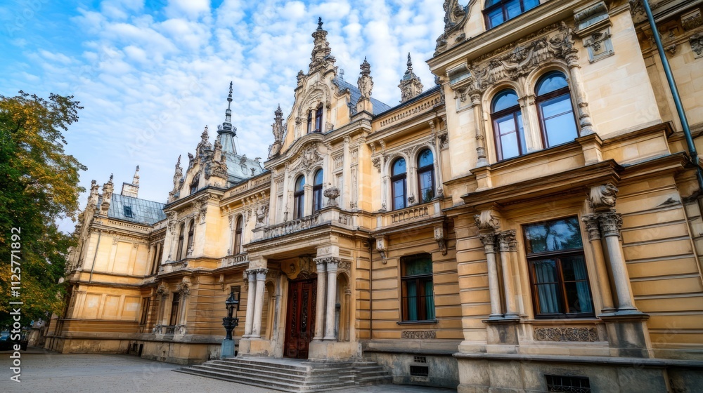 Fototapeta premium Courthouse building exterior with classical architecture, symbolizing justice and order in society. Timeless design reflecting the importance of legal systems and civic responsibility.