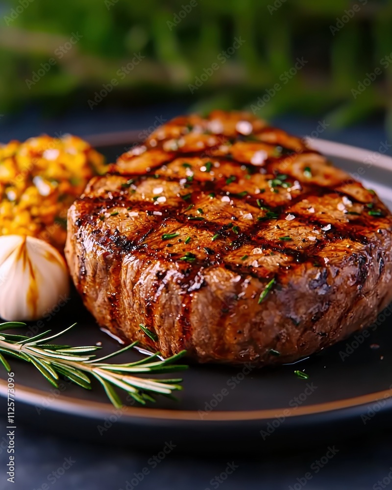 Sizzling thick juicy steak with sides gourmet dining experience restaurant setting culinary delight close-up view Sizzling thick juicy steak with sides gourmet dining experience restaurant setting culinary delight close-up view