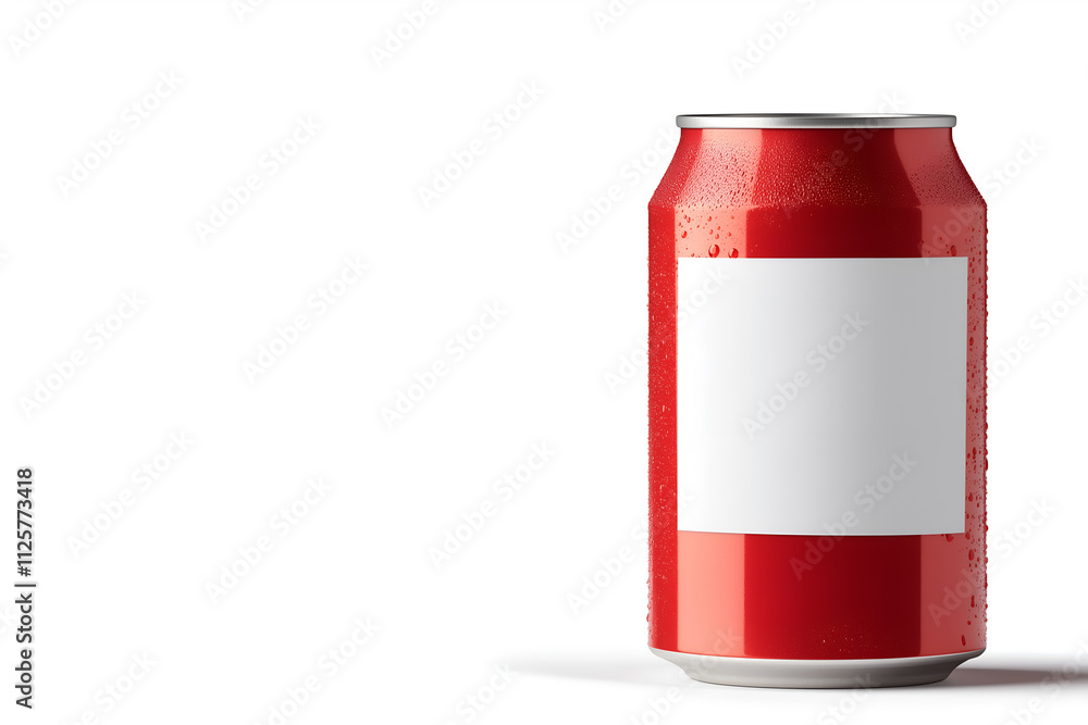 Mock up of a red soda can with a blank label, isolated on a white background, copy space for text, close up