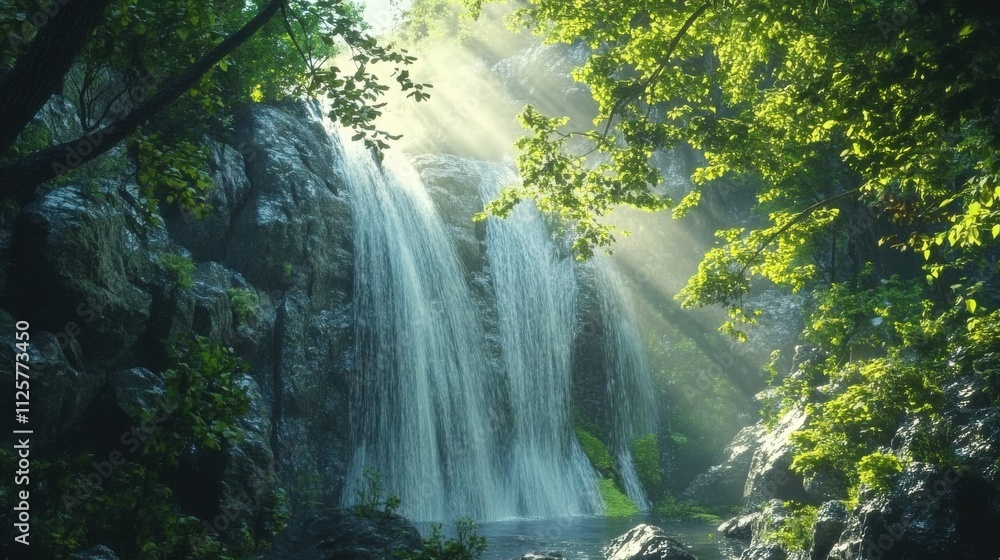 Fototapeta premium Sunlit waterfall cascading down rocky cliffs, lush greenery.
