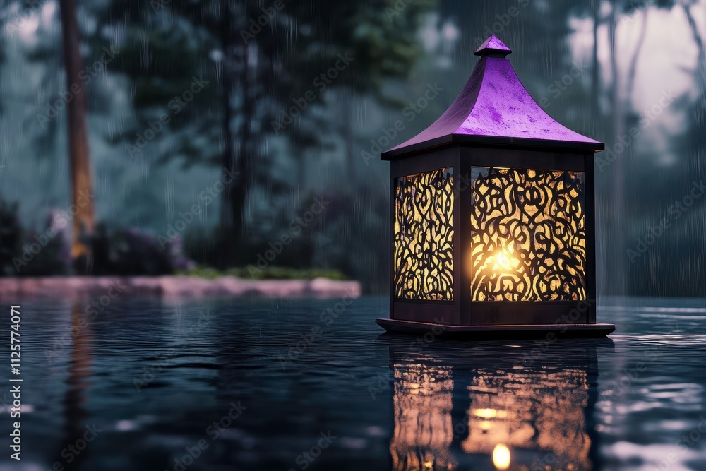 Elegant Lantern Illuminates a Calm Rainy Evening on Reflective Water Surface in a Serene Natural Scene with Lush Greenery and Soft Light Effects