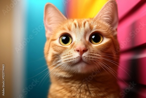 Portrait of an Alert Ginger Tabby Cat with Bright Eyes in a Colorful Setting photo