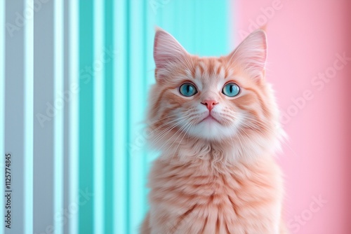Fluffy Orange Cat with Blue Eyes Against Pastel Background
