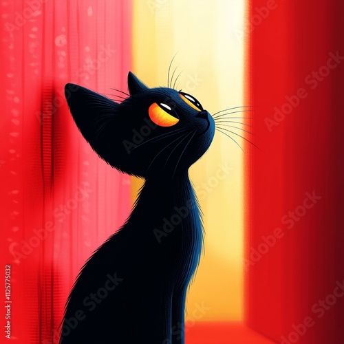 Black Cat with Vibrant Red and Yellow Background