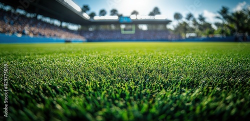 A field of green grass with a sun shining on it