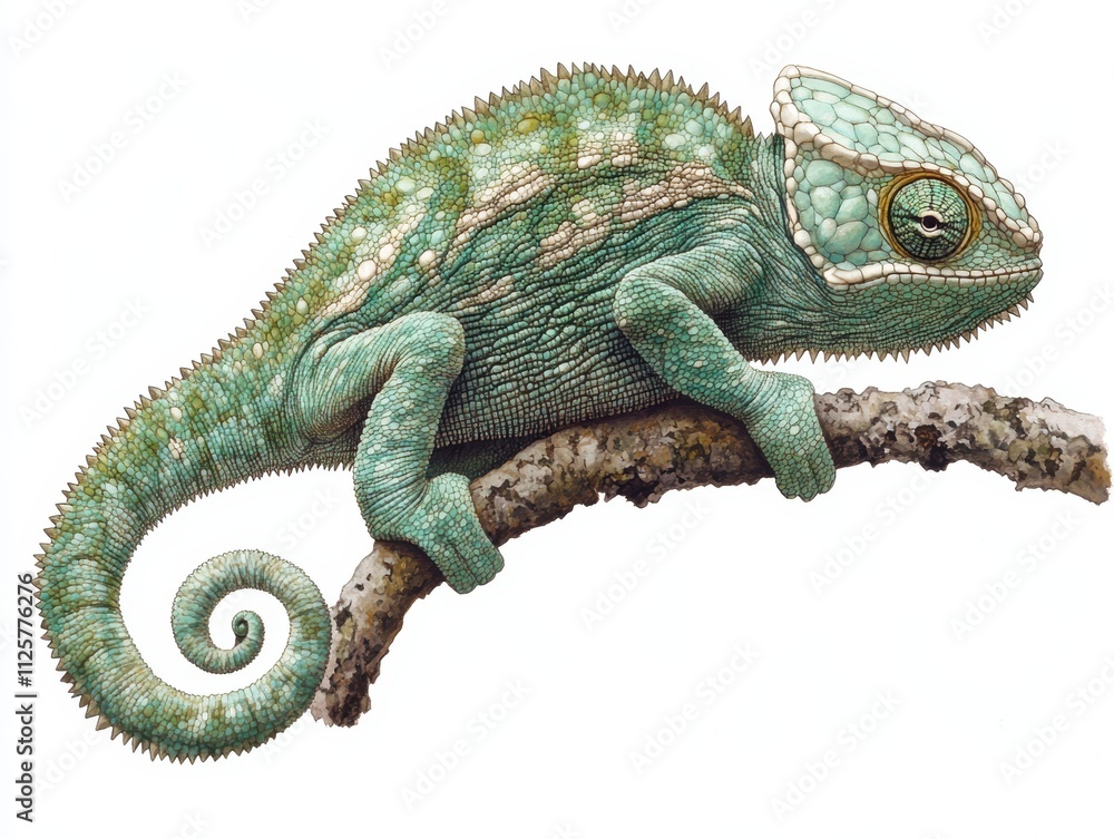 Obraz premium A detailed illustration of a chameleon perched on a branch.