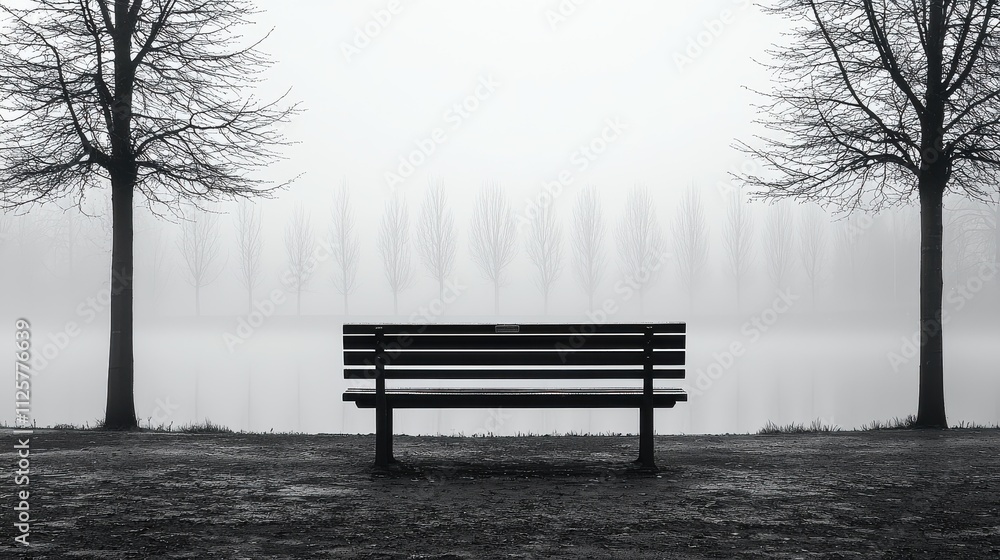 Lonely bench in misty landscape long exposure serene environment minimalist viewpoint for tranquility