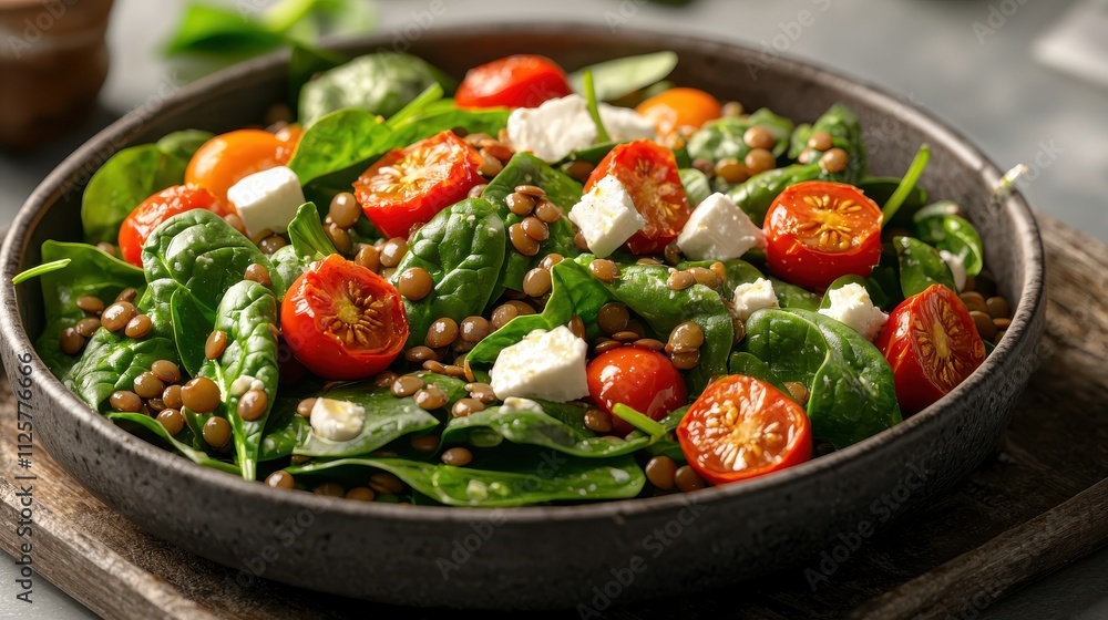 Healthy spinach and lentil salad with roasted red peppers kitchen food indoor close-up nutrition Healthy spinach and lentil salad with roasted red peppers kitchen food indoor close-up nutrition