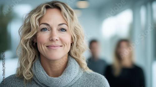 A strong female boss conducting a hybrid strategy session, digital charts visible on screens